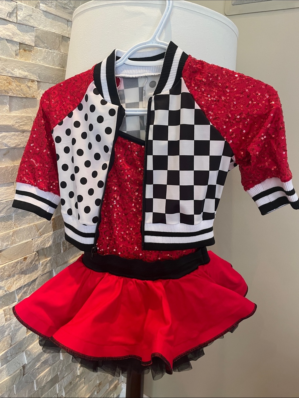 Weissman Red Sequin Dance Costume with Checker & Polka Dot Jacket